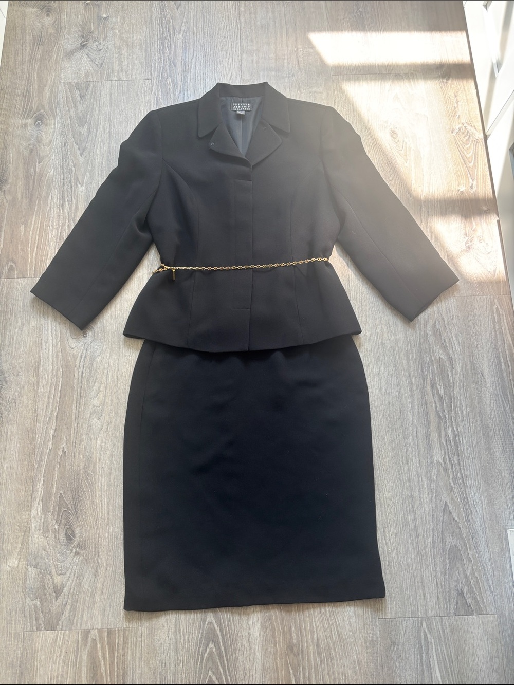 Spenser Jeremy Black Women's Tailored Suit with Gold Chain Belt